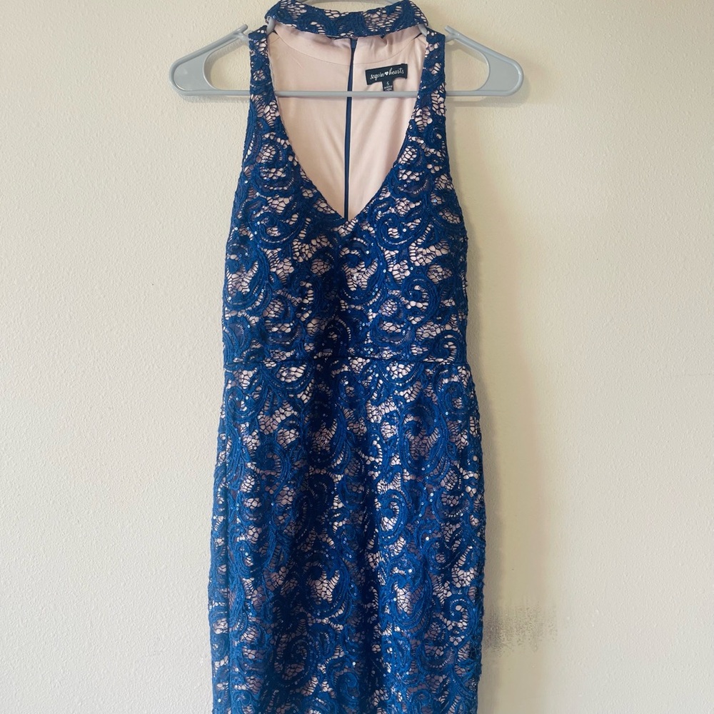 Speechless Blue Halter Sheath Dress for Weddings
